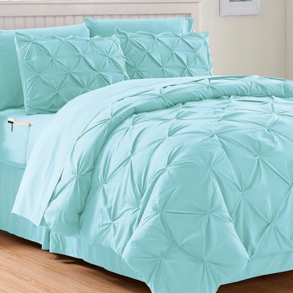 New Aqua Blue Pinch Pleated 8 Piece Bed in a Bag Comforter Set • King Size - Picture 1 of 4